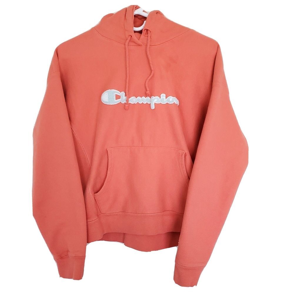 Vintage Champion Womens Size Large Hoodie Sweatshirt Reverse Weave Pink Spellout